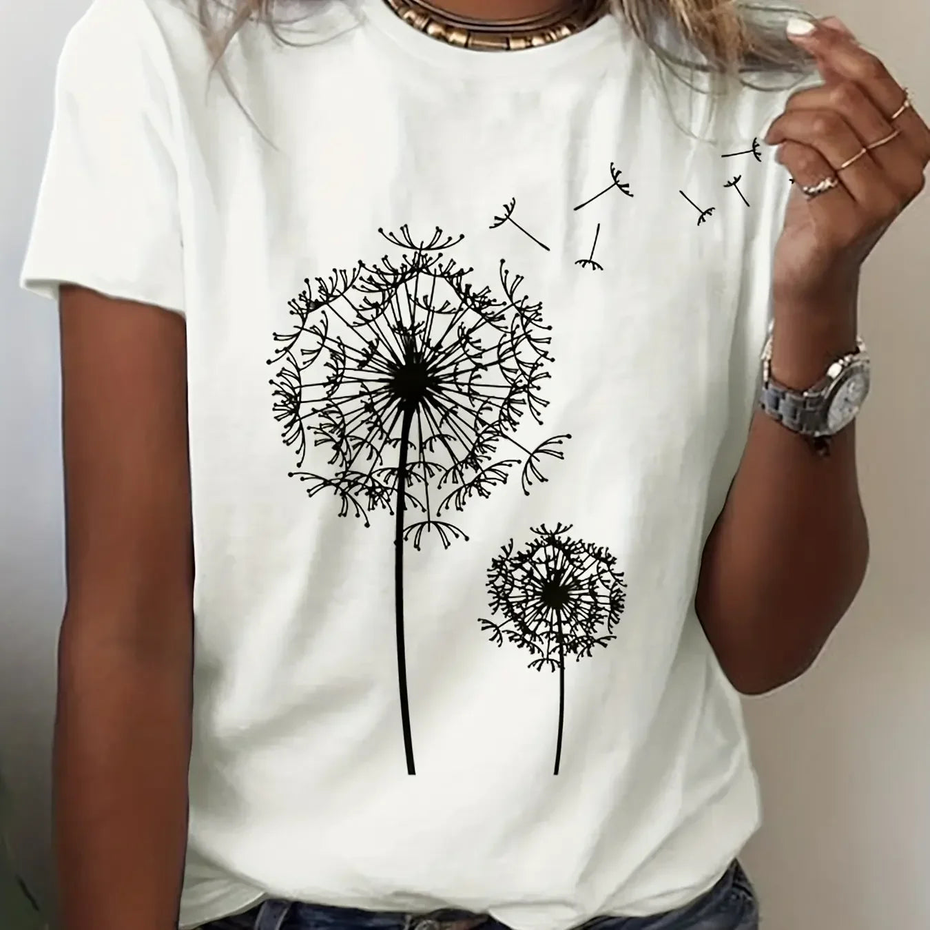 Dandelion Print Crew Neck T-Shirt Women T-Shirt Casual Short Sleeve Top Summer Women's Clothing Cartoon Streetwear Clothes