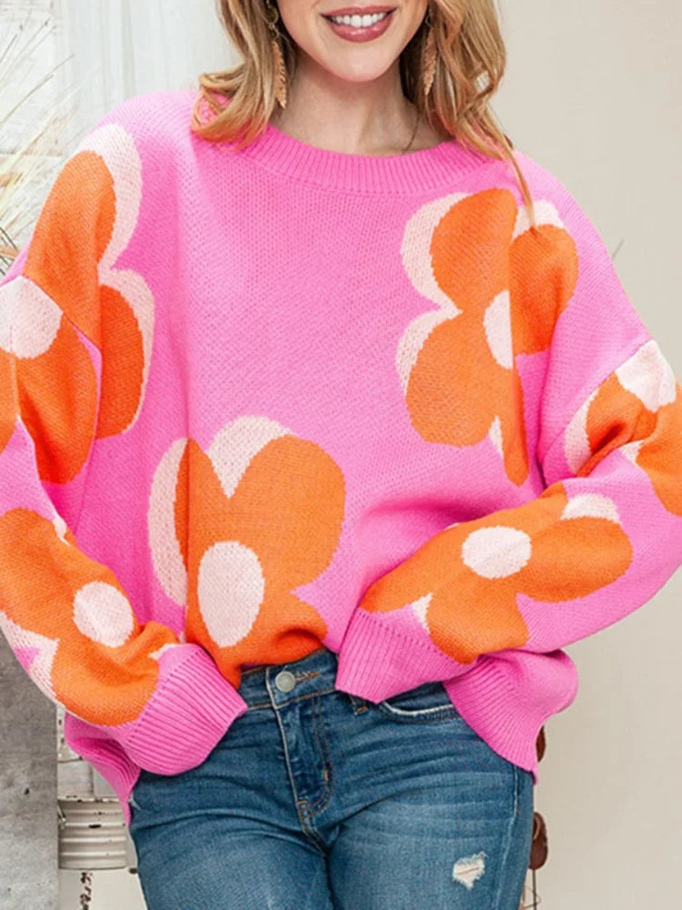 Women's Brown Knit sweater New Fashion Y2k Long Sleeves Loose Knitted Flower Round-Neck Casual Pullovers Sweater Tops Female