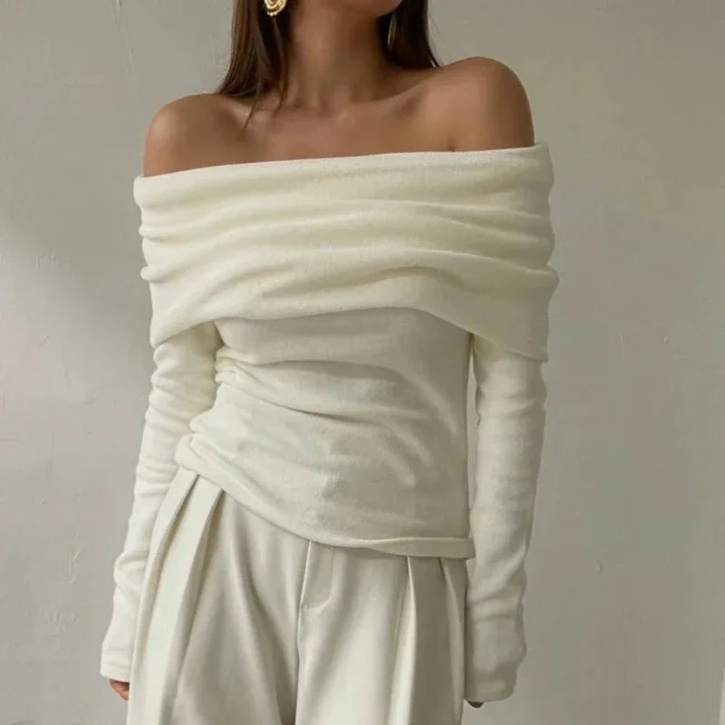 Autumn Long Sleeve Off-shoulder Women Sexy Sweater Elegant Solid Color Slim Fit Knitted Top Fashion Pullover Knitwear
