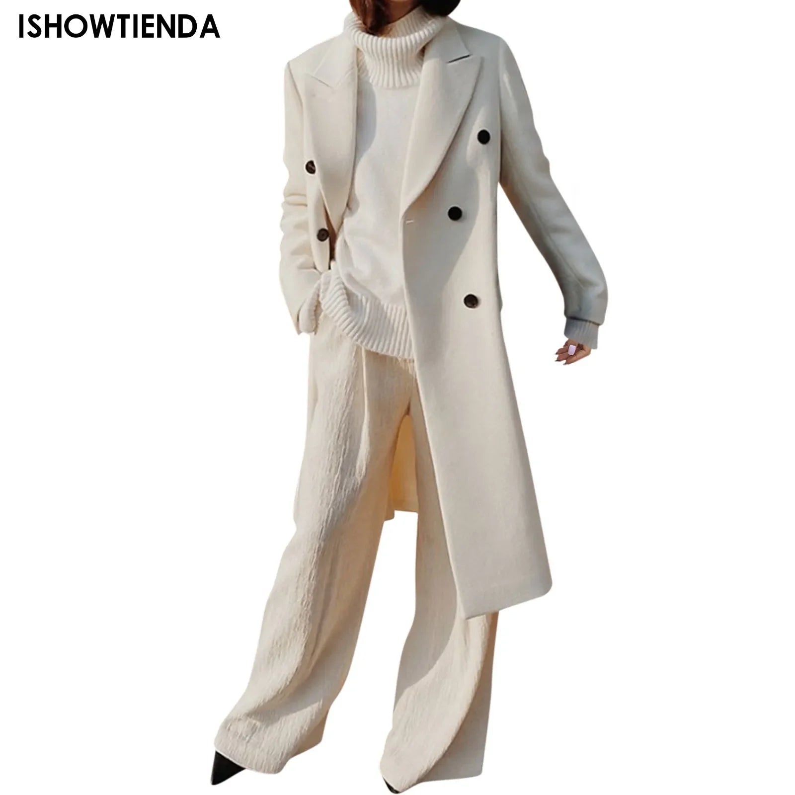 Elegant White Woolen Blend Trench Long Coat Women Chic Double Breasted Warm Full Sleeve Coats New Female High Street Outerwear