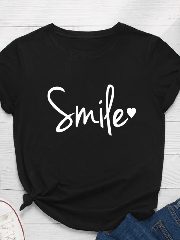 Smile Heart Print Women T Shirt Short Sleeve O Neck Loose Women Tshirt Ladies Tee Shirt Tops Clothes Camisetas Mujer