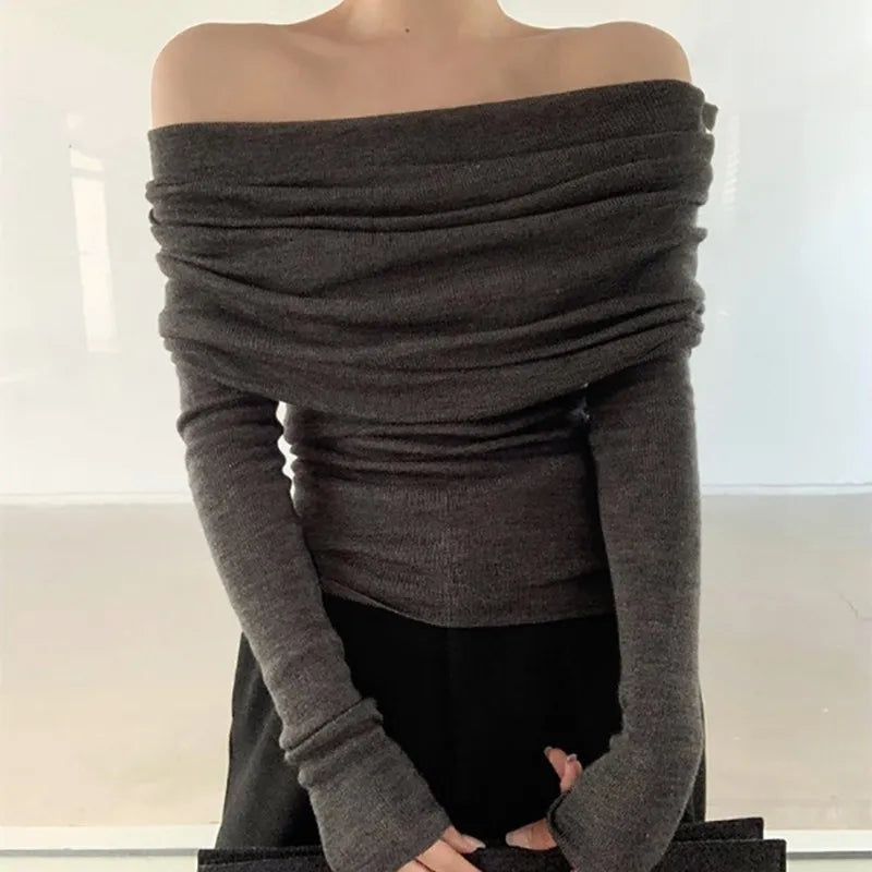 Autumn Long Sleeve Off-shoulder Women Sexy Sweater Elegant Solid Color Slim Fit Knitted Top Fashion Pullover Knitwear