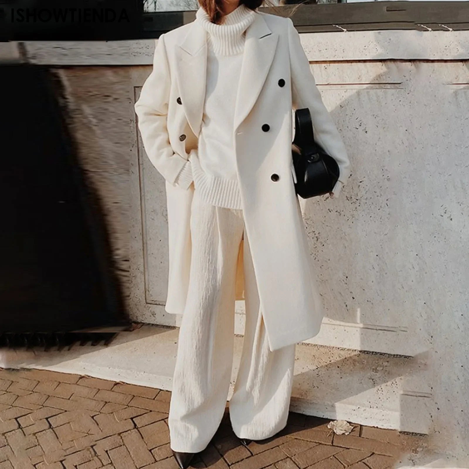 Elegant White Woolen Blend Trench Long Coat Women Chic Double Breasted Warm Full Sleeve Coats New Female High Street Outerwear