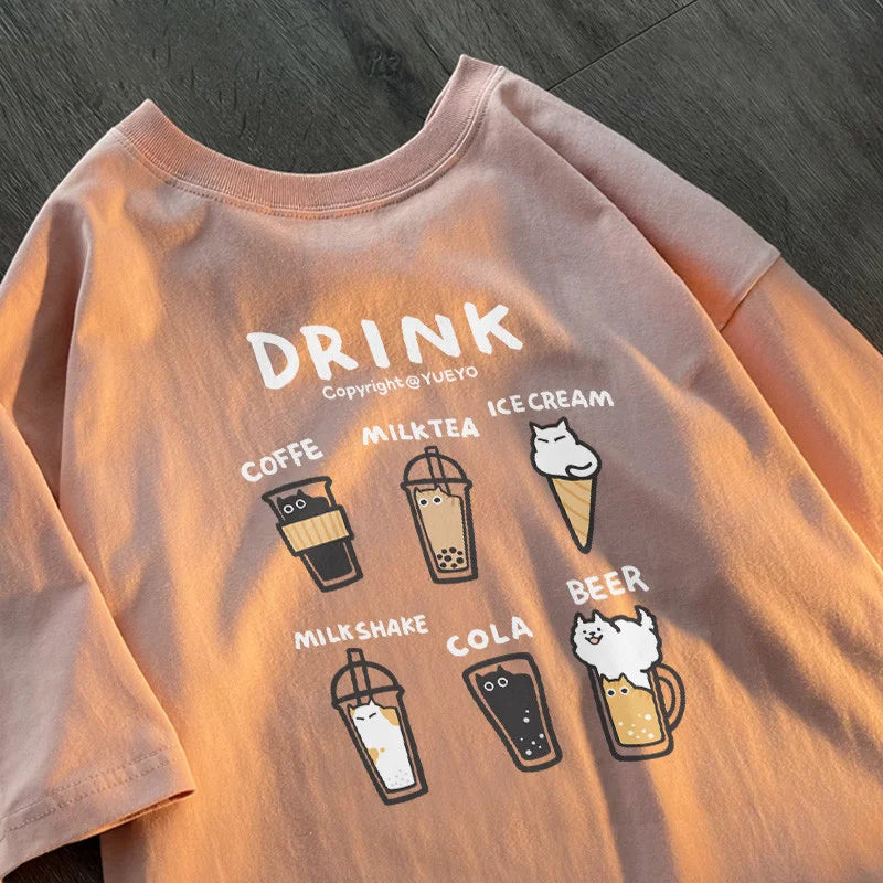 Women's Korean Drink Cat Letter Print Loose Short Sleeve T-Shirt Summer Soft Comfort Shirt