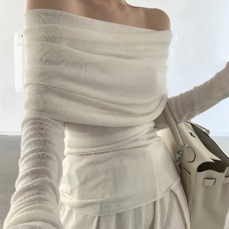 Autumn Long Sleeve Off-shoulder Women Sexy Sweater Elegant Solid Color Slim Fit Knitted Top Fashion Pullover Knitwear